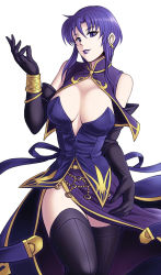 Rule 34 | 1girl, bare shoulders, black gloves, black thighhighs, blue eyes, blue hair, blue lips, bracelet, breasts, cleavage, dress, earrings, elbow gloves, female focus, fire emblem, fire emblem: the blazing blade, gloves, hand up, jewelry, large breasts, lips, lipstick, looking at viewer, makeup, nintendo, parted lips, rakusai (saisai garou), short hair, side slit, simple background, sleeveless, sleeveless dress, smile, solo, standing, thighhighs, ursula (fire emblem), white background, zettai ryouiki
