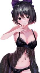 Rule 34 | 1girl, arm behind back, babydoll, bakemonogatari, bare shoulders, black babydoll, black eyes, black hair, black panties, blush, bob cut, bow, breasts, cleavage, closed mouth, collarbone, commentary, commission, cowboy shot, empty eyes, hair between eyes, hair bow, hand to own mouth, highres, lace, lace-trimmed babydoll, lace-trimmed panties, lace panties, lace trim, laces, leaning forward, lingerie, lipgloss, lips, looking at viewer, medium breasts, midriff, monogatari (series), navel, no gloves, oshino ougi, panties, pink lips, purple bow, short hair, simple background, skeb commission, smile, solo, standing, underwear, white background, yuunamida uyu