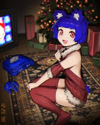 Rule 34 | :d, absurdres, animal ears, backless outfit, bare shoulders, bear ears, bear girl, bear tail, blue hair, blue tail, blunt bangs, blunt ends, blurry, blurry background, carpet, christmas, christmas ornaments, christmas tree, commentary, crt, curled fingers, detached sleeves, english commentary, fang, film grain, floor, from side, full body, fur-trimmed sleeves, fur-trimmed sweater, fur trim, game console, gift, gris (vertigris), half updo, hand on own chest, hand on own knee, hand up, highres, indoors, looking at viewer, looking to the side, making-of available, meme attire, multicolored background, nintendo 64, nintendo 64 controller, open mouth, original, photo date watermark, red eyes, red sleeves, red sweater, red thighhighs, ribbed legwear, shiny skin, short hair, short sleeves, sitting, smile, sweater, tail, tareme, thighhighs, timestamp, tongue, vertigris, virgin killer sweater, wall, wooden floor, zettai ryouiki