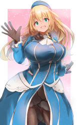 Rule 34 | 1girl, absurdres, ascot, atago (kancolle), beret, black gloves, blonde hair, blue hat, blue jacket, blush, border, breasts, fur collar, gloves, green eyes, hair ornament, hat, highres, jacket, kantai collection, large breasts, long hair, long sleeves, looking at viewer, military, military uniform, open mouth, pantyhose, pink background, saamon (salmonkomaku), showgirl skirt, skirt, smile, solo, uniform, white border