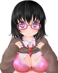Rule 34 | 1girl, between breasts, black hair, blush, bra, breasts, clothes lift, colorized, female focus, glasses, highres, kou mashiro, large breasts, lifting own clothes, mole, mole on breast, necktie, necktie between breasts, original, purple eyes, revision, shirt lift, short hair, simple background, solo, sweater, sweater lift, tsuruoka masayoshi to junjou romantica 2, underwear, white background, wt