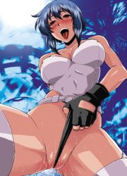 Rule 34 | 1girl, belt, blush, breasts, cleavage, female masturbation, fingerless gloves, ghost in the shell, gloves, happy, highleg, highleg leotard, kusanagi motoko, large breasts, leotard, masturbation, moaning, naughty face, purple hair, pussy juice, red eyes, self wedgie, solo, sweat, thighhighs, uncensored, wedgie, wide hips