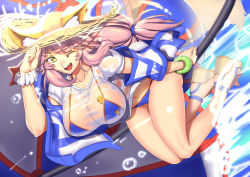 Rule 34 | 1girl, :d, absurdres, animal ears, bikini, blue bikini, breasts, ears through headwear, fang, fate/grand order, fate (series), fox ears, fox tail, hand on headwear, hat, highres, holding, huge breasts, innertube, jumping, long hair, looking at viewer, low-tied long hair, no shoes, one eye closed, open mouth, pink hair, platform footwear, sandals, scrunchie, see-through, smile, solo, straw hat, swim ring, swimsuit, tail, tamamo (fate), tamamo no mae (fate/extra), tamamo no mae (swimsuit lancer) (fate), tamamo no mae (swimsuit lancer) (second ascension) (fate), wrist scrunchie, wristband, yellow eyes, yui sora