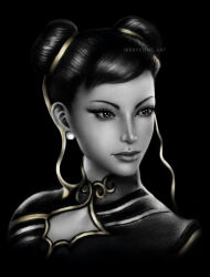 Rule 34 | 1girl, capcom, chinese clothes, chun-li, commentary, double bun, earrings, greyscale, hair bun, hair ribbon, highres, jewelry, krystine art, monochrome, portrait, profile, ribbon, solo, spot color, street fighter, street fighter 6, twitter username, watermark