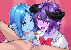 Rule 34 | 1boy, 2girls, :d, :q, ahoge, arunira, blue hair, blue sclera, blue skin, blush, bow, bowtie, bright pupils, brll, censored, clothed female nude male, collared shirt, colored sclera, colored skin, demon girl, fang, ffm threesome, fingernails, group sex, hair between eyes, handjob, hetero, highres, horns, long hair, looking at penis, monster girl, mosaic censoring, multiple girls, nude, open mouth, original, penis, pink background, pink pupils, pointy ears, purple hair, purple skin, red bow, red eyes, red neckwear, shirt, skin fang, slime girl, small penis, smile, threesome, tongue, tongue out, white pupils, white shirt, wing collar