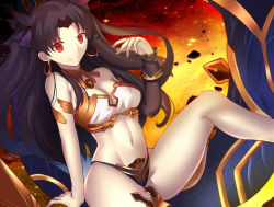 Rule 34 | 1girl, arm support, armlet, asymmetrical sleeves, bare arms, bare legs, bare shoulders, black detached sleeves, black panties, black ribbon, breasts, cleavage, detached sleeves, earrings, fate/grand order, fate (series), female focus, gem, groin, hair ribbon, highres, hoop earrings, ishtar (fate), ishtar (fate), jewelry, knee up, large breasts, leaning, leaning back, legs, long hair, looking at viewer, midriff, navel, neck ring, panties, paperfinger, red eyes, revealing clothes, ribbon, single sleeve, smile, solo, strapless, thighlet, thighs, tohsaka rin, two side up, type-moon, underwear, uneven sleeves