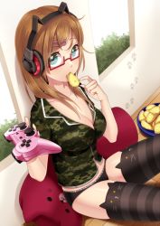 Rule 34 | 1girl, blue eyes, brand name imitation, breasts, brown hair, chips (food), cleavage, controller, dualshock, eating, food, game controller, gamepad, glasses, hair ornament, hairclip, hasumi shizuko, headphones, highres, long hair, original, panties, pillow, playstation controller, potato chips, solo, thighhighs, underwear