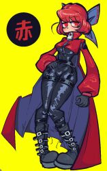 Rule 34 | 1girl, adapted costume, akatsuki records, alternate costume, black bodysuit, black gloves, blue cape, bodysuit, bow, cape, cosmo and wadda, cropped jacket, dress, gloves, jacket, latex, latex bodysuit, latex dress, latex legwear, latex suit, long sleeves, looking at viewer, purple bow, red cape, red eyes, red hair, red jacket, ringed eyes, rock &#039;n&#039; rock &#039;n&#039; beat, rokurokubi, sekibanki, short hair, skin tight, skin tight suit, solo, touhou, translation request, two-sided cape, two-sided fabric, yellow background, zipper