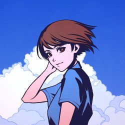 Rule 34 | adjusting hair, blue shirt, blue sky, breasts, brown eyes, brown hair, cloud, eyelashes, hand to head, high contrast, looking at viewer, looking to the side, medium breasts, moshimoshibe, nozomi (sonny boy), shirt, short hair, sky, solo, sonny boy, texture, turning head, upper body, wind