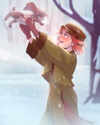Rule 34 | 1girl, anastasia (1997), animal, anya (anastasia), artist name, blue eyes, blush, brown gloves, coat, dog, fingerless gloves, from side, gloves, gonzais, green coat, green headwear, hat, highres, holding, holding animal, holding dog, long coat, open mouth, outdoors, pooka (anastasia), red hair, snow, snowing, tree