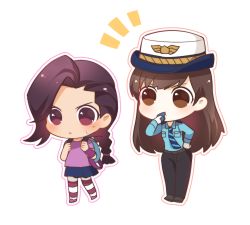 Rule 34 | 2girls, asymmetrical bangs, backpack, bag, black pants, blue neckwear, blue shirt, blue skirt, blush, braid, brown eyes, brown hair, chibi, chinese commentary, commentary request, d.va (overwatch), hand on own hip, hat, kaoruru (sakuno2911), looking at another, mole, mole under eye, multiple girls, necktie, notice lines, officer d.va, outline, overwatch, overwatch 1, pants, parted lips, pink shirt, pleated skirt, police, police uniform, policewoman, shirt, shoes, short sleeves, simple background, single braid, skirt, sombra (overwatch), sweatdrop, thighhighs, uniform, whistle, white background