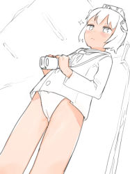 Rule 34 | 1girl, :&lt;, absurdres, bare legs, binoculars, blush, cameltoe, closed mouth, co botan, commentary request, dutch angle, expressionless, from below, half-closed eyes, highres, holding, holding binoculars, kantai collection, long sleeves, no pants, panties, partially colored, short hair, sketch, solo, standing, underwear, yukikaze (kancolle)