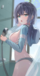 Rule 34 | 1girl, absurdres, ass, black hair, blue archive, blush, breasts, cowboy shot, green eyes, green halo, guree (haiiro), halo, highres, holding, holding shower head, indoors, large breasts, long sleeves, looking at viewer, official alternate costume, open mouth, raglan sleeves, rash guard, saki (blue archive), saki (swimsuit) (blue archive), short hair, shower head, solo, wet