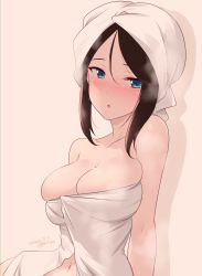 Rule 34 | 1girl, artist name, black hair, blue eyes, blush, breasts, dated, girls und panzer, highres, kuzuryuu kennosuke, large breasts, looking at viewer, naked towel, navel, nonna (girls und panzer), open mouth, shadow, shiny skin, simple background, skindentation, solo, towel, upper body, white background