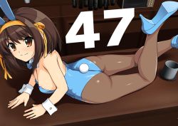 Rule 34 | 1girl, animal ears, ass, blue bow, blue bowtie, blue footwear, blue leotard, bow, bowtie, breasts, brown eyes, brown hair, countdown, counter, cup, detached collar, fake animal ears, hair ribbon, hairband, haruhisky, high heels, leotard, looking at viewer, lying, medium breasts, microwave, on stomach, pantyhose, playboy bunny, rabbit ears, rabbit tail, ribbon, short hair, sidelocks, sleeve cuffs, smile, solo, suzumiya haruhi, suzumiya haruhi no yuuutsu, tail, yellow hairband, yellow ribbon