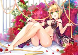 Rule 34 | 10s, 1girl, :d, ahoge, babydoll, bare arms, bare legs, bare shoulders, barefoot, bed sheet, black babydoll, black panties, blonde hair, blurry, blurry foreground, blush, bow, braid, breasts, cleavage, collarbone, commentary request, depth of field, fate/extra, fate (series), feet, fingernails, flower, green eyes, hair between eyes, hair bow, hair bun, hair intakes, hands up, has bad revision, has downscaled revision, head tilt, jin young-in, large breasts, legs, md5 mismatch, multi-strapped panties, navel, nero claudius (fate), nero claudius (fate) (all), nero claudius (fate/extra), open mouth, panties, petals, pillow, red bow, red flower, red rose, resolution mismatch, ribbon, rose, rose petals, sidelocks, single hair bun, sitting, smile, solo, source smaller, toenails, underwear, underwear only, white background, yellow ribbon