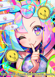Rule 34 | 1girl, artist name, asymmetrical bangs, blue hair, bow-shaped hair, character hair ornament, closed mouth, creatures (company), emoji, finger to mouth, game freak, grey shirt, hair ornament, highres, index finger raised, iono (pokemon), jacket, light blue hair, looking at viewer, multicolored hair, naoto (yandereheaven), nintendo, one eye closed, pink eyes, pink hair, pixiv id, pokemon, pokemon sv, shirt, shushing, signature, sleeveless, sleeveless shirt, smile, solo, split-color hair, twitter username, two-tone hair, yellow jacket