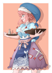 Rule 34 | absurdres, animal hat, animal print, apron, bad id, bad pixiv id, blouse, blue shirt, blue headwear, blue shirt, blush, bowl, breasts, choko (cup), collared shirt, collared shirt, cross-laced clothes, cup, doryaryarya, fish print, food, frilled skirt, frilled sleeves, frills, green eyes, hat, highres, holding, holding bowl, holding tray, large breasts, looking to the side, okunoda miyoi, open mouth, pink hair, purple skirt, shirt, short sleeves, skirt, smile, standing, teeth, tokkuri, touhou, tray, upper teeth only, waist apron, whale hat, whale print