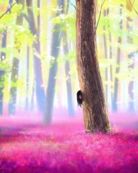 Rule 34 | 1girl, bad id, bad tumblr id, black eyes, black hair, commentary request, day, field, flower, flower field, flower request, highres, ilya kuvshinov, long hair, looking at viewer, original, outdoors, peeking out, solo, tree