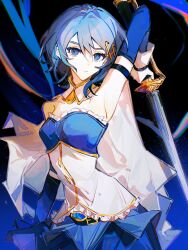 Rule 34 | 1girl, belt, black background, blue background, blue eyes, blue hair, blue skirt, blue theme, bodice, cape, collarbone, cowboy shot, detached sleeves, floating cape, fortissimo, frills, gloves, hair between eyes, hair ornament, highres, hikawayunn, holding, holding sword, holding weapon, looking at viewer, magical girl, mahou shoujo madoka magica, mahou shoujo madoka magica (anime), miki sayaka, musical note, musical note hair ornament, short hair, skirt, solo, standing, sword, two-tone background, weapon, white cape, white gloves