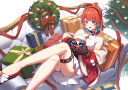 Rule 34 | 1girl, :d, absurdres, alternate hairstyle, aqua hair, black gloves, box, christmas ornaments, christmas tree, christmas wreath, coat, colored inner hair, commentary, couch, crossed legs, english commentary, erezu, gift, gift box, gloves, highres, holding, holding gift, hololive, hololive english, kfp employee (takanashi kiara), long sleeves, looking at viewer, lying, multicolored hair, off shoulder, on back, open mouth, orange hair, ponytail, purple eyes, short hair, smile, solo, takanashi kiara, thigh strap, virtual youtuber, wreath