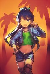 Rule 34 | 1girl, :d, bad id, bad pixiv id, belt, black hair, boots, bracelet, cropped jacket, denim, denim shorts, earrings, fang, ganaha hibiki, green eyes, hair ribbon, hand on own hip, hoop earrings, idolmaster, idolmaster (classic), jewelry, kanjy00u, long hair, midriff, navel, necklace, one eye closed, open mouth, palm tree, ponytail, ribbon, shorts, smile, solo, sunset, thigh boots, thighhighs, tree, wink