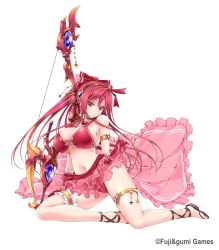 Rule 34 | 1girl, armlet, bikini, blush, bow, bow (weapon), breasts, choker, cleavage, clothes lift, company name, cross-laced footwear, frilled bikini, frilled gloves, frills, gem, gloves, hair bow, hair ribbon, huge breasts, jewelry, legband, long hair, looking at viewer, navel, necklace, official art, phantom of the kill, ponytail, red eyes, red hair, ribbon, sandals, shekinah (phantom of the kill), sitting, skirt, skirt lift, smile, solo, swimsuit, weapon, white background