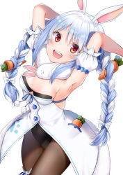 Rule 34 | 1girl, :d, animal ear fluff, animal ears, armpits, arms up, black leotard, blue hair, braid, breasts, brown eyes, brown pantyhose, cameltoe, commentary request, covered navel, detached sleeves, don-chan (usada pekora), dress, fur-trimmed dress, fur trim, hair between eyes, highres, hololive, leotard, long hair, looking at viewer, multicolored hair, open mouth, pantyhose, puffy short sleeves, puffy sleeves, rabbit ears, short eyebrows, short sleeves, simple background, small breasts, smile, strapless, strapless dress, strapless leotard, teeth, thick eyebrows, twin braids, twintails, two-tone hair, upper teeth only, usada pekora, usada pekora (1st costume), very long hair, virtual youtuber, white background, white dress, white hair, white sleeves, yoshida iyo