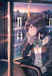Rule 34 | 1girl, black hair, black jacket, blazer, blurry, bow, bowtie, building, bus interior, cardigan, city, cityscape, collared shirt, depth of field, expressionless, hair ornament, hairclip, hand up, headphones, headphones around neck, highres, huwari (dnwls3010), jacket, long hair, looking away, open clothes, open jacket, original, red eyes, school uniform, shirt, sidelocks, solo, sunset, white shirt, wing collar