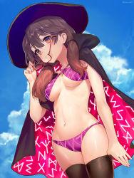 Rule 34 | 1girl, ainy, artist name, bare arms, bikini, black cape, black thighhighs, blue sky, breasts, brown eyes, brown hair, cape, cloud, commentary request, cowboy shot, criss-cross halter, day, unworn eyewear, from below, glasses, groin, hair between eyes, halterneck, hand up, hat, highres, holding, holding removed eyewear, long hair, looking at viewer, low twintails, medium breasts, navel, outdoors, purple bikini, red-framed eyewear, removing eyewear, shiny skin, skindentation, sky, smile, solo, standing, stomach, swimsuit, thighhighs, thighs, touhou, twintails, twitter username, usami sumireko