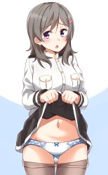 Rule 34 | 1girl, absurdres, black skirt, blue background, blush, bow, bow panties, brown hair, brown pantyhose, china moeka, clothes lift, clothes pull, commentary request, cowboy shot, hair between eyes, hair ornament, hairclip, high school fleet, highres, jacket, kapatarou, lifting own clothes, long hair, long sleeves, looking at viewer, military jacket, navel, panties, pantyhose, pantyhose pull, parted lips, pleated skirt, purple eyes, simple background, skirt, skirt lift, solo, two-tone background, underwear, white background, white jacket, white panties