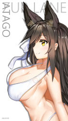 Rule 34 | 1girl, absurdres, animal ears, atago (azur lane), atago (summer march) (azur lane), azur lane, bikini, black hair, blush, breasts, cleavage, closed mouth, halterneck, highres, large breasts, long hair, negister, profile, sideboob, smile, swimsuit, upper body, white bikini, yellow eyes