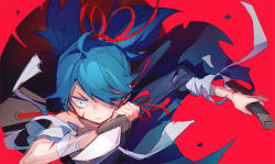 Rule 34 | 10s, 1boy, blue eyes, blue hair, constricted pupils, hair over one eye, hat, istkeinmal, long hair, male focus, matching hair/eyes, red background, sayo samonji, sheath, short sword, simple background, solo, sword, tantou, touken ranbu, weapon