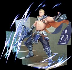 Rule 34 | 1boy, abs, armpits, bara, belt, biceps, blonde hair, blue eyes, boots, cape, delafere (gyee), electricity, facial hair, fingerless gloves, gauntlets, gloves, gyee, highres, holding, holding polearm, holding weapon, itto (mentaiko), leather, leather belt, leg armor, loincloth, looking at viewer, male focus, manly, nipples, non-web source, official art, pants, pectorals, polearm, short hair, smirk, solo, spear, spiked hair, stairs, stone stairs, stubble, thick arms, thick eyebrows, topless male, weapon