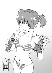Rule 34 | 10s, 1girl, alisa (girls und panzer), artist name, bikini, breasts, character name, closed mouth, coca-cola, collarbone, cowboy shot, dated, drinking, drinking straw, freckles, girls und panzer, goshaku tama, gradient background, greyscale, hair ornament, holding, looking at viewer, medium breasts, monochrome, mouth hold, short hair, short twintails, signature, smile, soda bottle, solo, standing, star (symbol), star hair ornament, string bikini, striped bikini, striped clothes, swimsuit, twintails