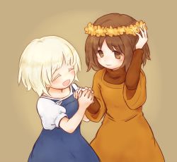 Rule 34 | 2girls, 35yado, blue dress, blush, brown background, brown eyes, brown hair, child, closed mouth, cowboy shot, dress, elona, flower wreath, gwen (elona), hand on own head, hands up, happy, head wreath, holding hands, long sleeves, looking at another, multiple girls, orange dress, outstretched arm, pael (elona), puffy short sleeves, puffy sleeves, short hair, short sleeves, simple background, smile, turtleneck, undershirt, white hair