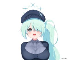 Rule 34 | aqua eyes, aqua hair, black hat, blue archive, blue hair, cabbie hat, hair over one eye, halo, hat, hiyori (blue archive), long hair, looking at viewer, parted lips, sad, scarf, side ponytail, simple background, star halo, upper body, user cyyy5224, very long hair, white background