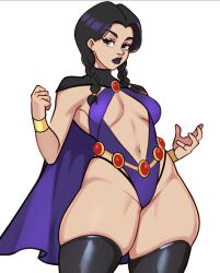 Rule 34 | 1girl, addams family, animal ears, artist request, ass, bare arms, bare shoulders, black eyes, black hair, bracelet, braid, breasts, cape, cleavage, cleavage cutout, clothing cutout, cosplay, curvy, dc comics, expressionless, goth fashion, highleg, highleg leotard, highres, jakuson z, jewelry, leotard, lips, long hair, looking at viewer, makeup, medium breasts, navel, navel cutout, playboy bunny, purple leotard, raven (dc), raven (dc) (cosplay), revealing clothes, shiny skin, solo, thighs, thong leotard, trait connection, twin braids, wednesday (netflix), wednesday addams, wide hips