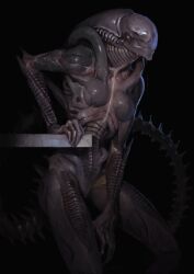 Rule 34 | 1girl, alien, alien: covenant, alien (1979), alien (series), black background, breasts, claws, closed mouth, completely nude, highres, no eyes, nude, oleg bulakh, saliva, see-through, simple background, skull, small breasts, solo, tail, teeth, xenomorph