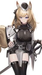 Rule 34 | 1girl, absurdres, animal ears, arknights, belt, black belt, black headwear, black shirt, black shorts, black thighhighs, blonde hair, blue eyes, breasts, commentary, cowboy shot, highres, horse ears, horse girl, horse tail, ikasamahideo, jacket, jacket on shoulders, leaning forward, looking at viewer, medium breasts, sheath, sheathed, shirt, short hair, shorts, signature, simple background, smile, solo, swept bangs, sword, tail, thighhighs, weapon, whislash (arknights), white background, white jacket