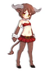 Rule 34 | 1girl, animal ears, bare shoulders, belt, belt buckle, blush, bra, breasts, brown hair, buckle, clenched hands, closed mouth, cow ears, cow girl, cow horns, cow tail, detached collar, full body, fur, hooves, horns, kai himo, legs apart, looking at viewer, monster girl, navel, original, pantyhose, pleated skirt, pout, red bra, red skirt, short hair, simple background, skirt, small breasts, solo, standing, strapless, strapless bra, tail, underwear, white background, yellow eyes
