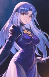Rule 34 | 1girl, absurdres, blue eyes, blue hair, braid, dress, fate/grand order, fate/hollow ataraxia, fate/stay night, fate (series), highres, huge filesize, long hair, looking at viewer, medea (fate), pointy ears, purple dress, robe, side braid, solo, you-6-11