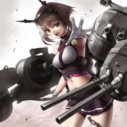 Rule 34 | 10s, 1girl, bad id, bad pixiv id, breasts, brown hair, gloves, green eyes, headgear, kantai collection, large breasts, looking at viewer, midriff, miniskirt, mutsu (kancolle), navel, open mouth, personification, short hair, skirt, solo, takemori shintarou, white gloves