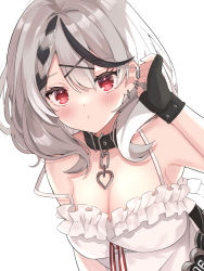 Rule 34 | 1girl, black gloves, black hair, blush, braid, breasts, camisole, choker, cleavage, ear piercing, fingerless gloves, front braid, gloves, highres, hololive, large breasts, multicolored hair, piercing, red eyes, sakamata chloe, sakamata chloe (1st costume), short hair, simple background, solo, two-tone hair, ute (perouthi), virtual youtuber, white background, white camisole, white hair