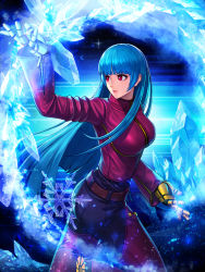 Rule 34 | 1girl, belt, blue hair, bodysuit, breasts, gloves, glowing, highres, ice, kula diamond, long hair, medium breasts, official art, purple eyes, simple background, snowflakes, solo, the king of fighters, the king of fighters all-stars, zipper