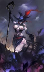 Rule 34 | absurdres, breasts, curvy, dragon&#039;s crown, flag, gloves, hat, highres, homex, huge breasts, nipples, orange eyes, orange hair, red hair, side slit, skeleton, sorceress (dragon&#039;s crown), staff, thick thighs, thighs, topless, torn clothes, vanillaware, witch hat