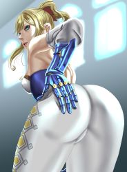 Rule 34 | 1girl, absurdres, ass, ass grab, bare shoulders, blonde hair, blue eyes, blush, bow, breasts, cameltoe, from behind, gauntlets, genshin impact, hair bow, hand on ass, highres, huge ass, jean (genshin impact), large breasts, leaning, leaning forward, long hair, looking at viewer, open mouth, pants, parted lips, ponytail, shiny clothes, shiny skin, sideboob, solo, tight clothes, tight pants, worange