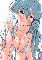 Rule 34 | 1girl, absurdres, aqua hair, blush, breasts, cleavage, hair between eyes, half updo, highres, hololive, kuno (kc9s), large breasts, long hair, looking at viewer, pointy ears, pout, solo, tearing up, virtual youtuber, white background, yellow eyes, yukihana lamy
