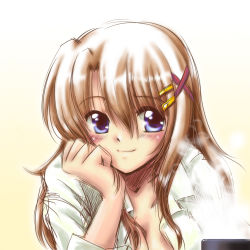 Rule 34 | 00s, 1girl, blue eyes, breasts, brown hair, cleavage, cup, hair ornament, hand on own cheek, hand on own face, highres, long hair, lyrical nanoha, mahou senki lyrical nanoha force, mahou shoujo lyrical nanoha, mug, open clothes, open shirt, san-pon, shirt, smile, solo, x hair ornament, yagami hayate