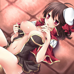Rule 34 | 1girl, :p, breast slip, breasts, brown hair, creator (ragnarok online), large breasts, lying, navel, nipples, one breast out, open clothes, ragnarok online, red eyes, solo, sorai shin&#039;ya, tongue, tongue out